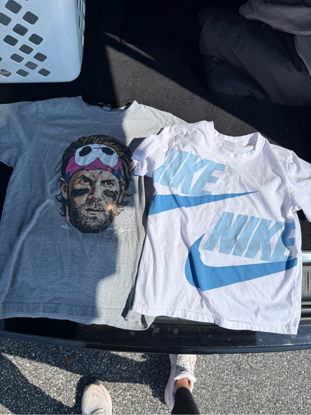 Nike Kids White Tee with Light & Royal Blue Logo & Bryce Harper shirt